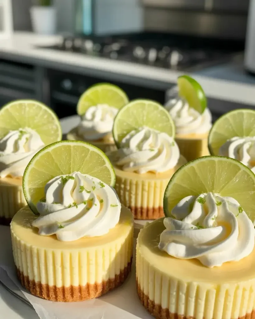 Mini margarita cheesecakes garnished with lime wheels and salt rim
