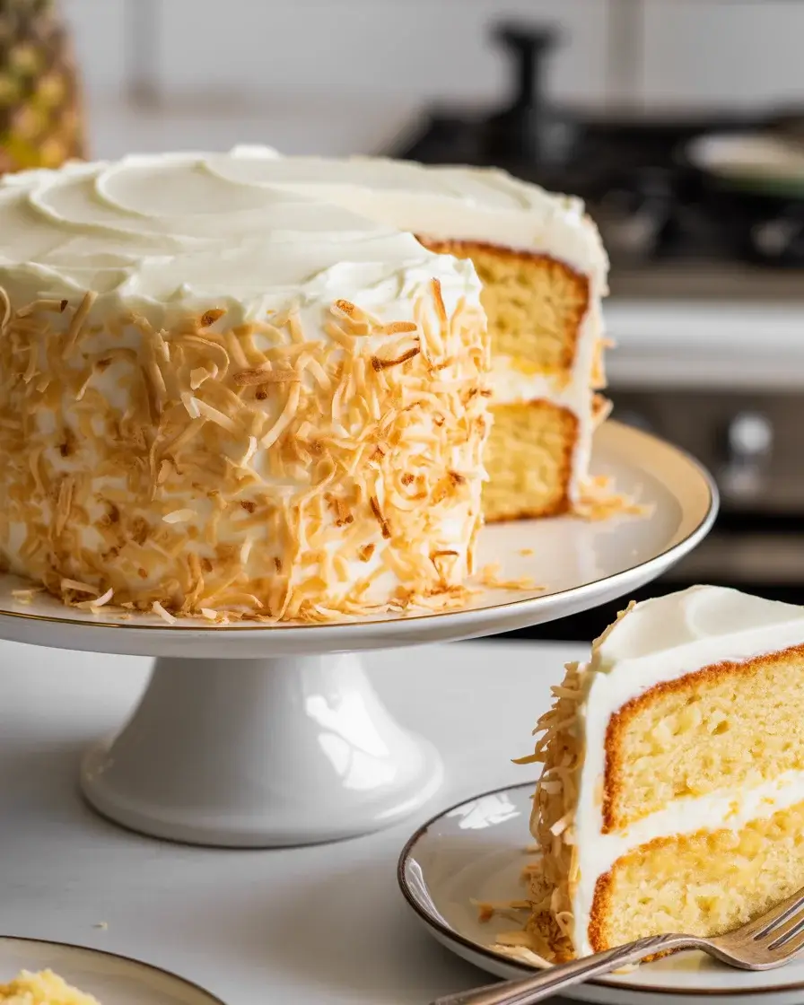 Moist pineapple cake with cream cheese frosting and coconut garnish