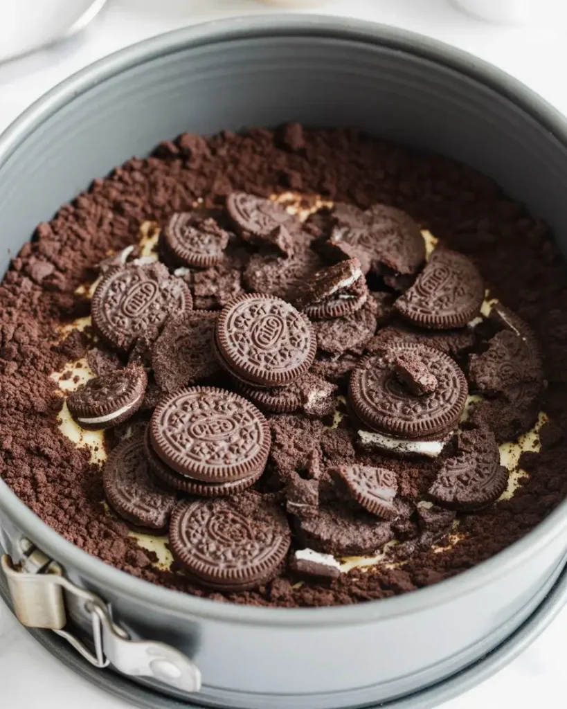 Oreo crust pressed firmly into springform pan with sides built up for stability