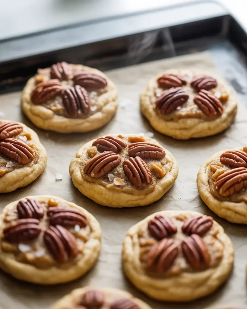 Pecan pie cookies fresh from oven topped with pecan halves and flaky sea salt