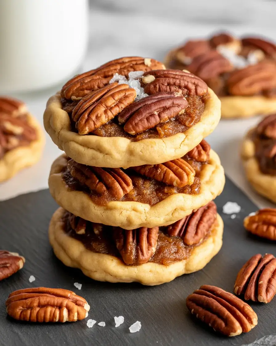 Pecan pie delight cookies stacked on slate with toasted pecans and flaky sea salt finish