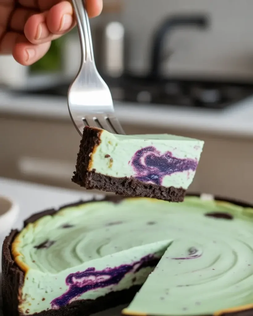 Perfect bite showing creamy mint filling with crunchy Oreo crust base