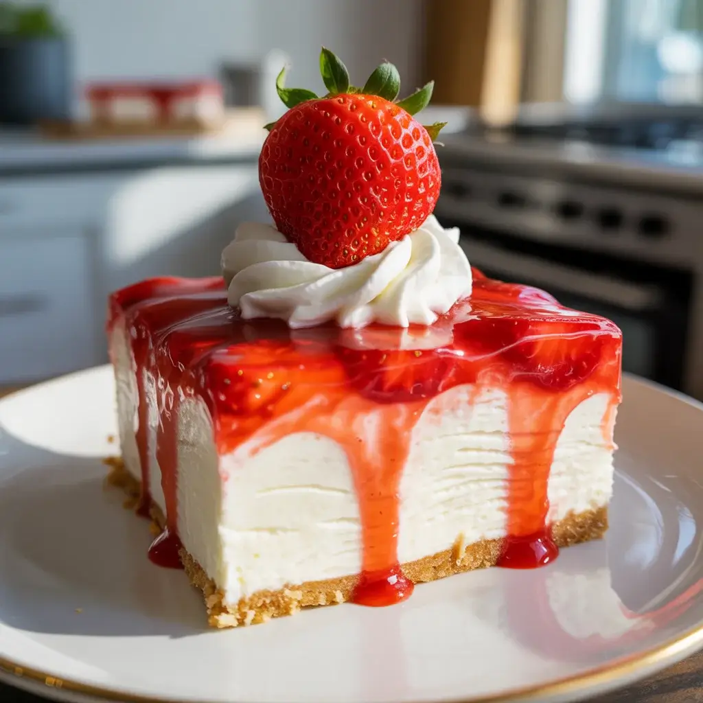 Perfect slice of Strawberry Cream Cheese Delight showing distinct golden, white, and red layers