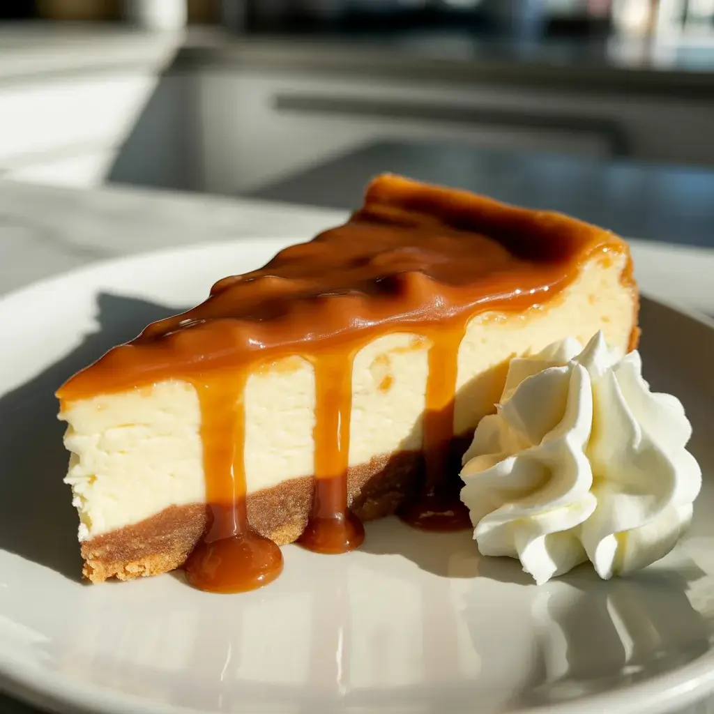 Perfect slice showing three distinct layers: crust, cheesecake filling, and caramel pecans