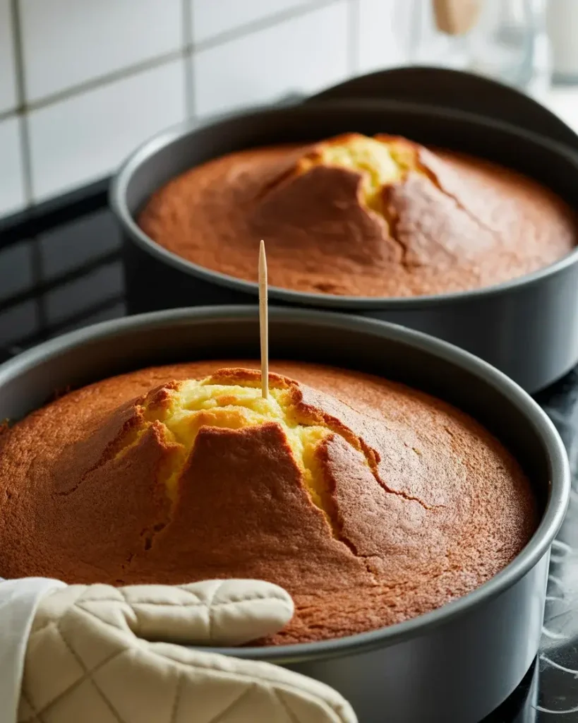 Perfectly baked cake layers with golden tops and moist crumb test