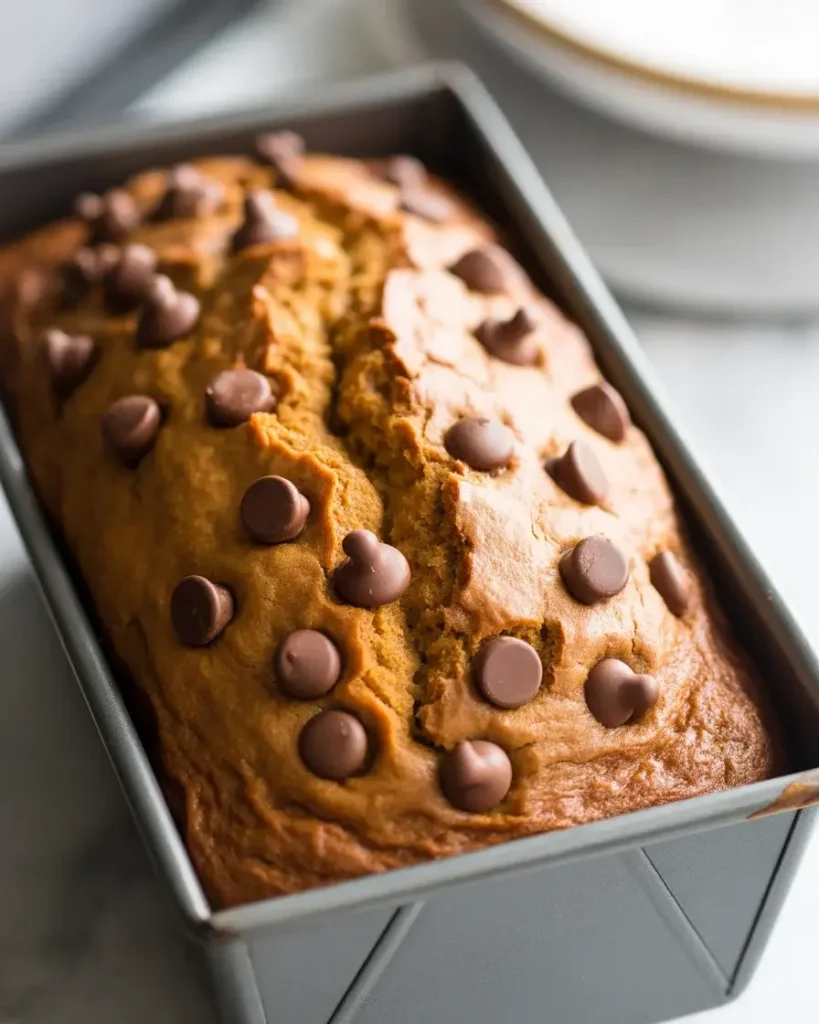 Perfectly baked pumpkin bread with golden top and melted chocolate
