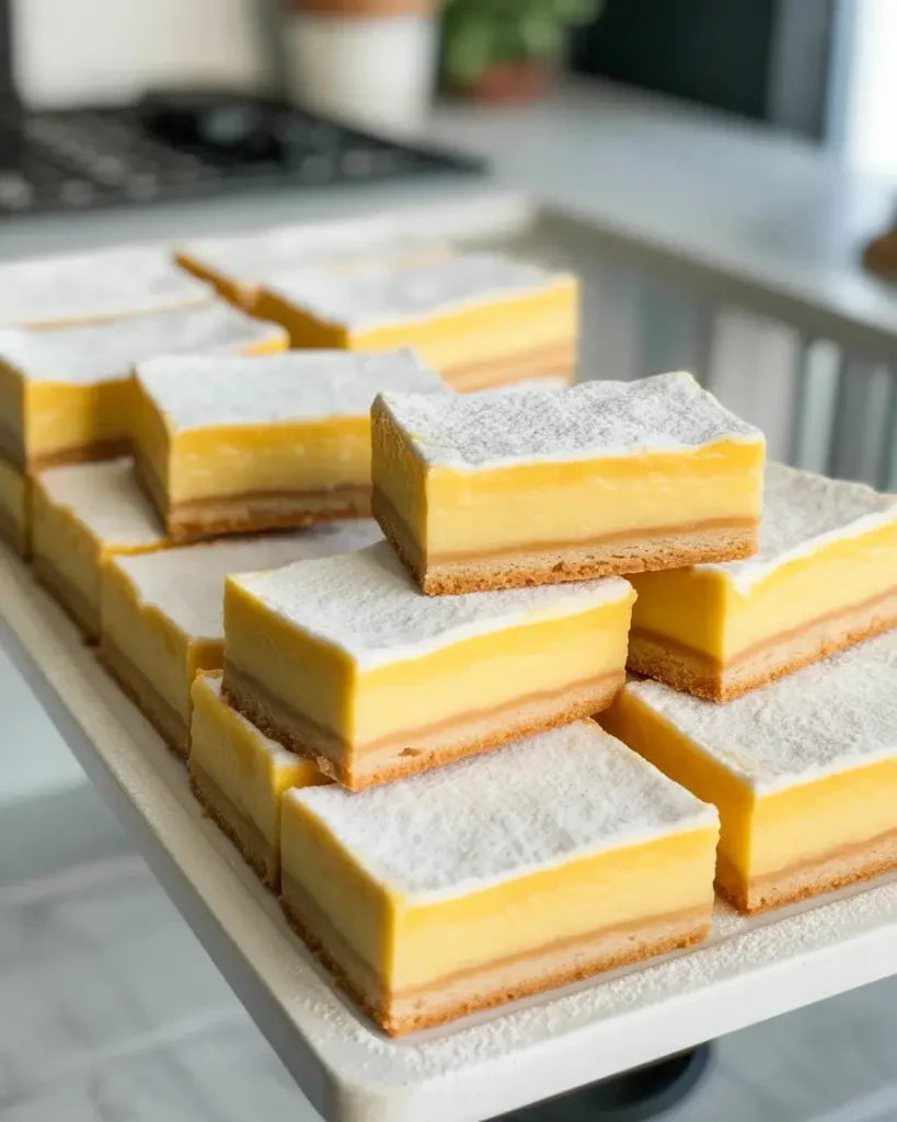 Perfectly cut lemon bars dusted with powdered sugar ready to serve