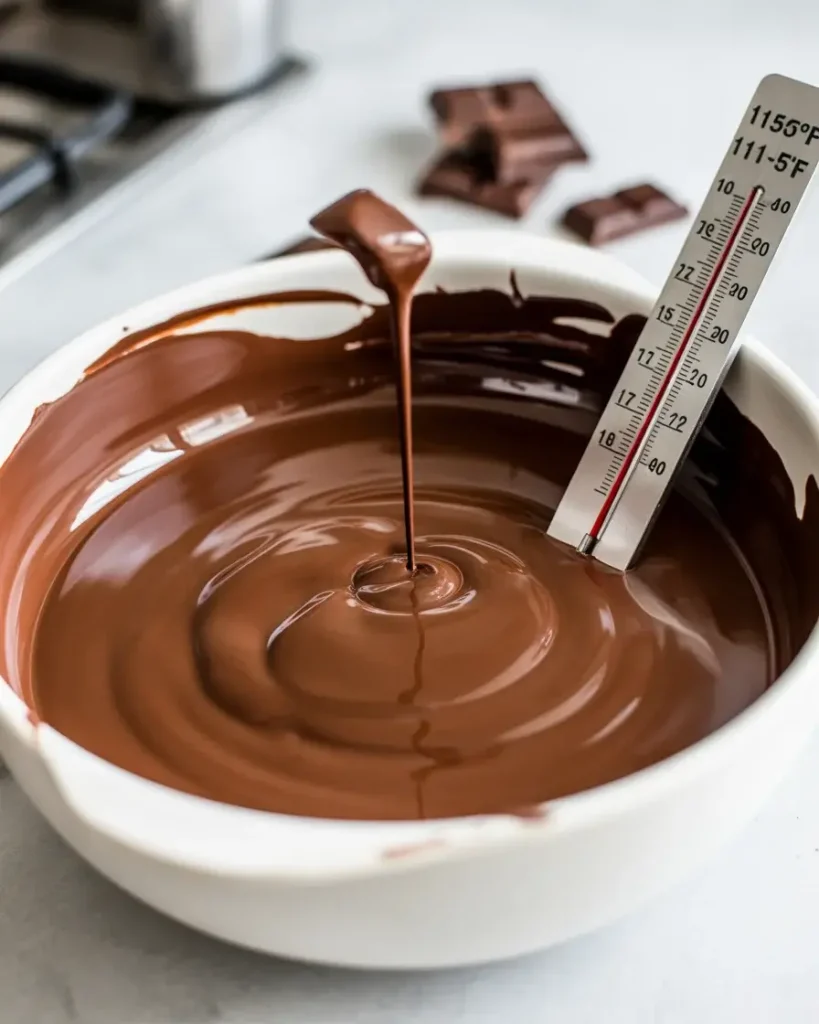 Perfectly melted dark chocolate at ideal temperature for coating
