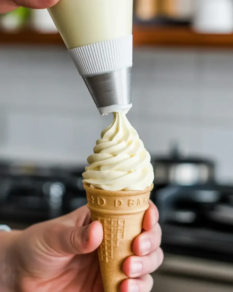 Piping stabilized cream into sugar cones in a spiral motion