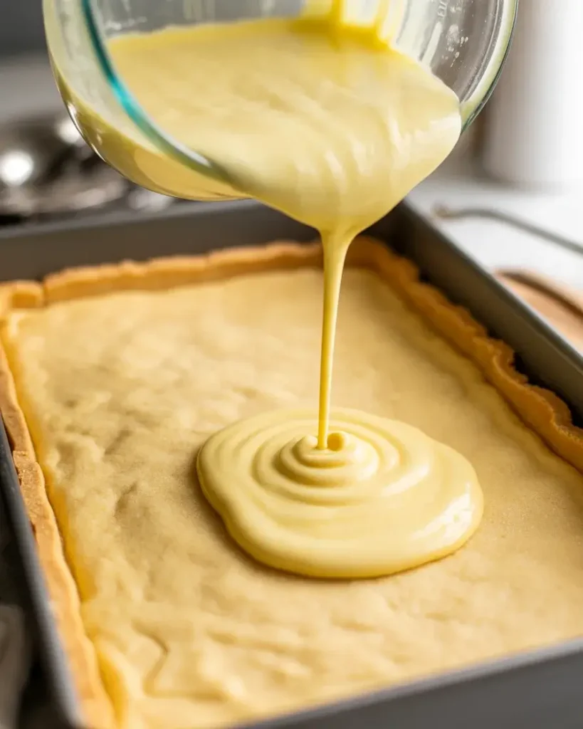 Pour lemon filling over hot crust and spread to corners for even baking