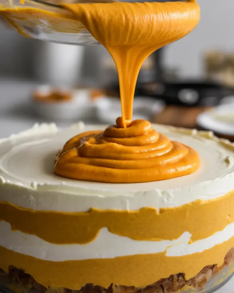 Pour pumpkin layer over cream cheese while still fluid for smooth spreading