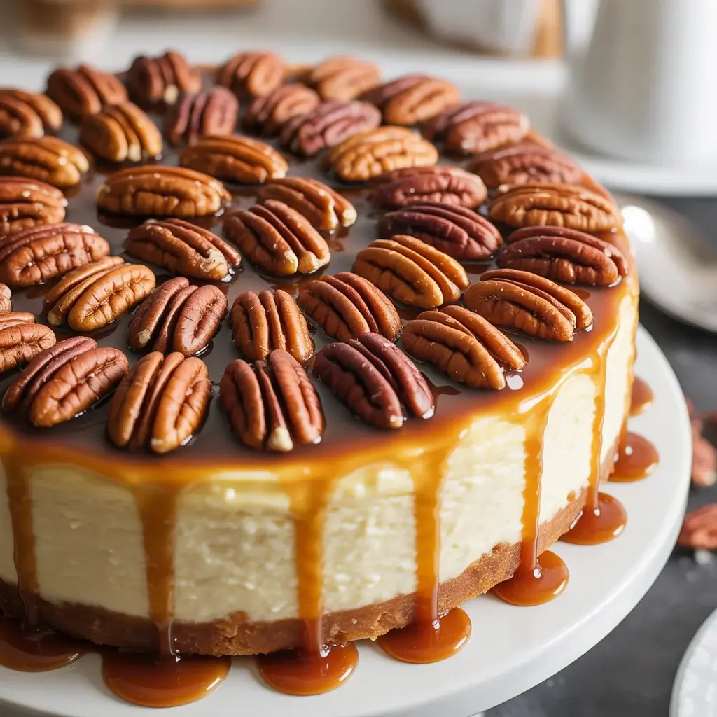 Pouring glossy caramel pecan topping over chilled cheesecake before final set