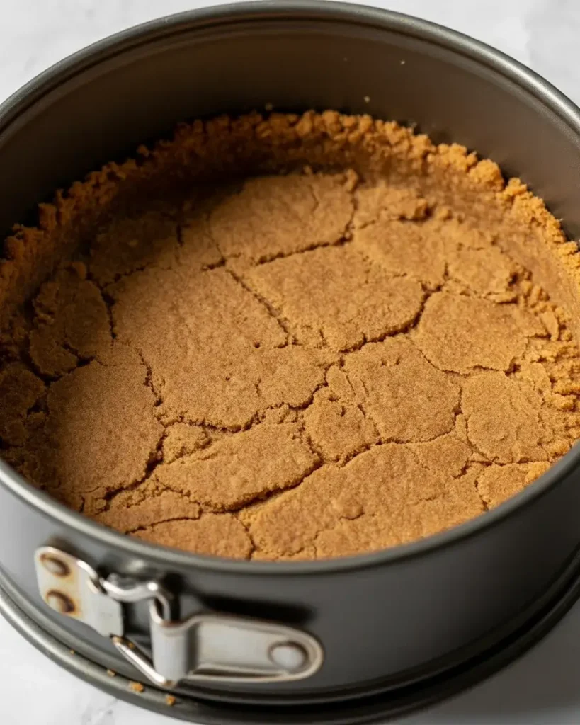 Pre-baked graham cracker crust with golden edges ready for cheesecake filling