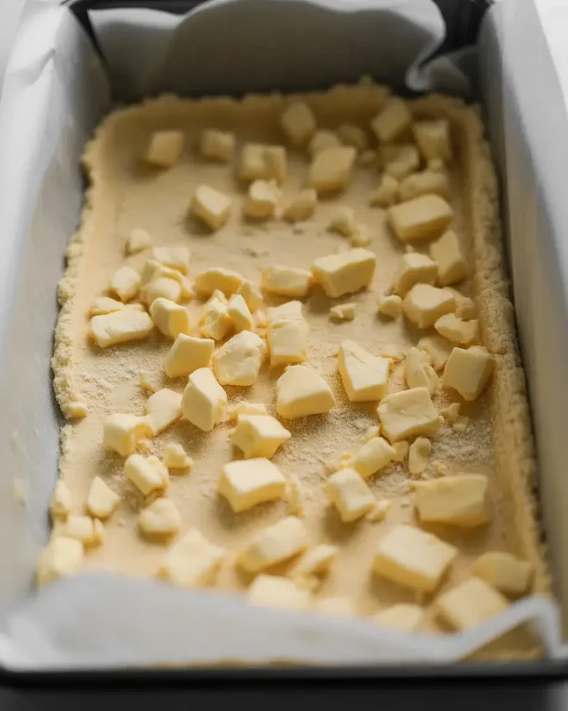 Press shortbread mixture into pan until evenly distributed with pea-sized butter pieces