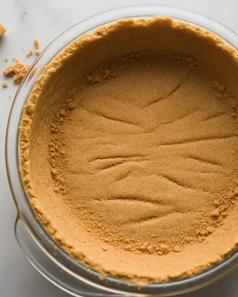 Pressing buttery graham cracker crumbs firmly into a pie pan for a crisp no-bake crust