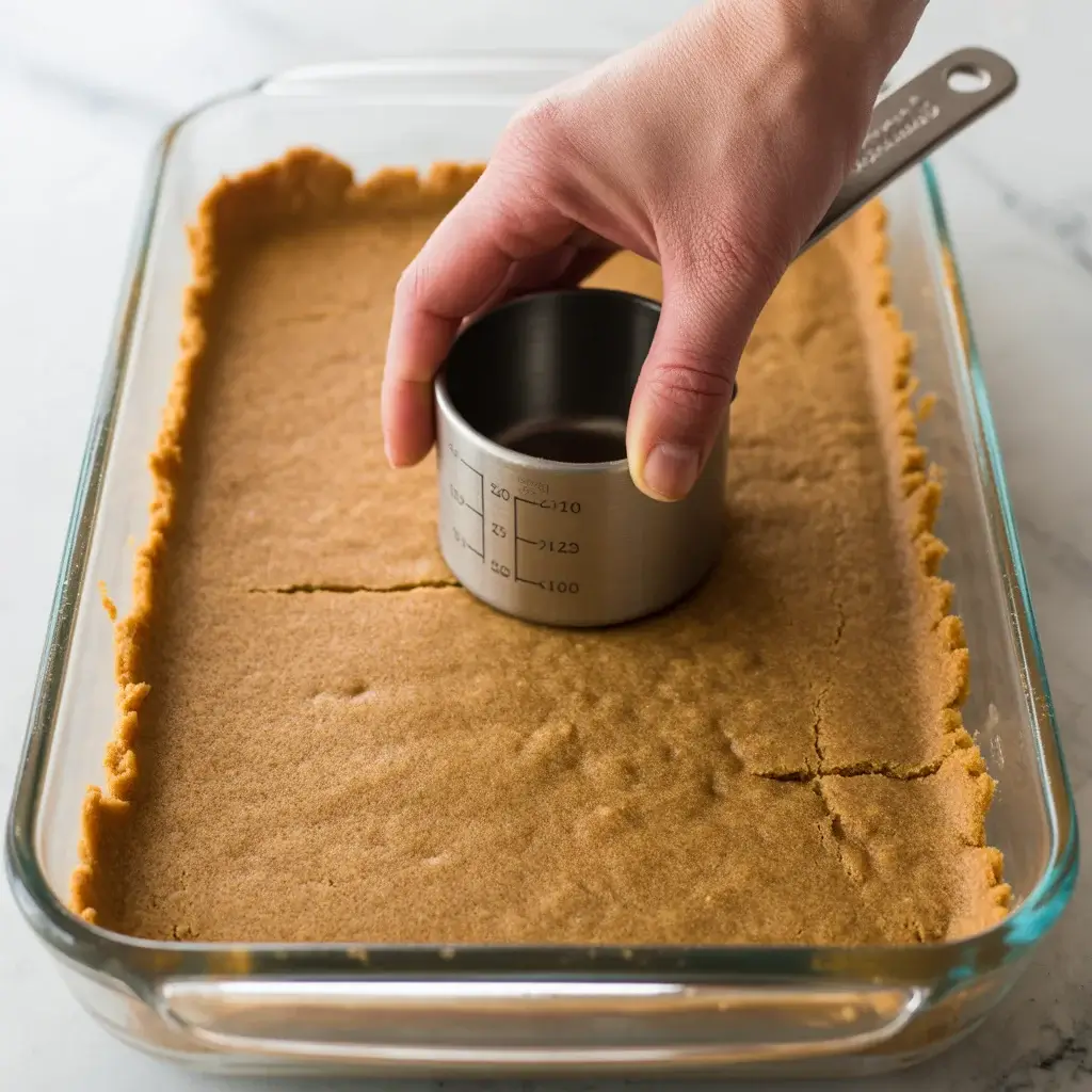 Pressing buttery graham cracker crumbs into an even crust layer in a 9x13 dish