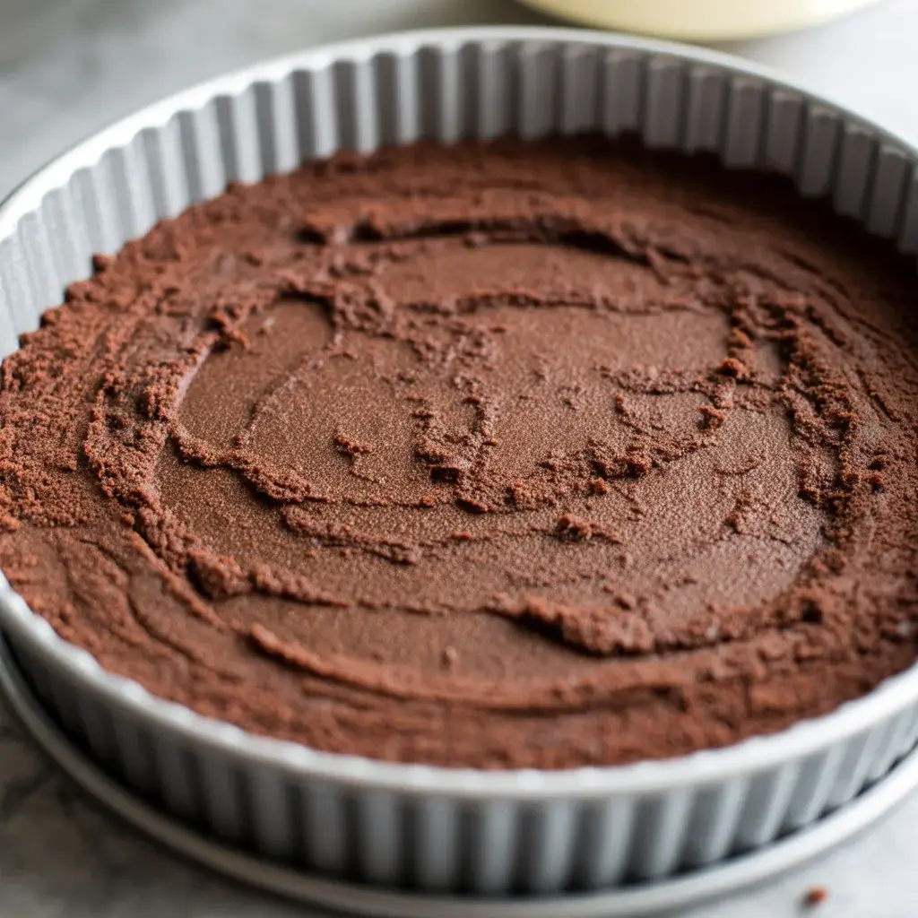 Pressing chocolate cookie crust firmly into tart pan for a sturdy base