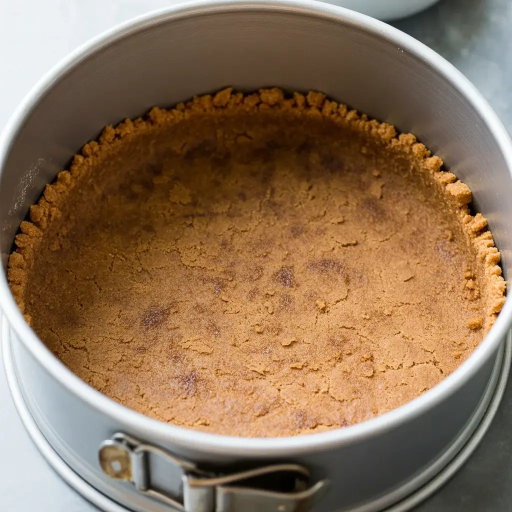 Pressing graham cracker crust firmly into springform pan before baking