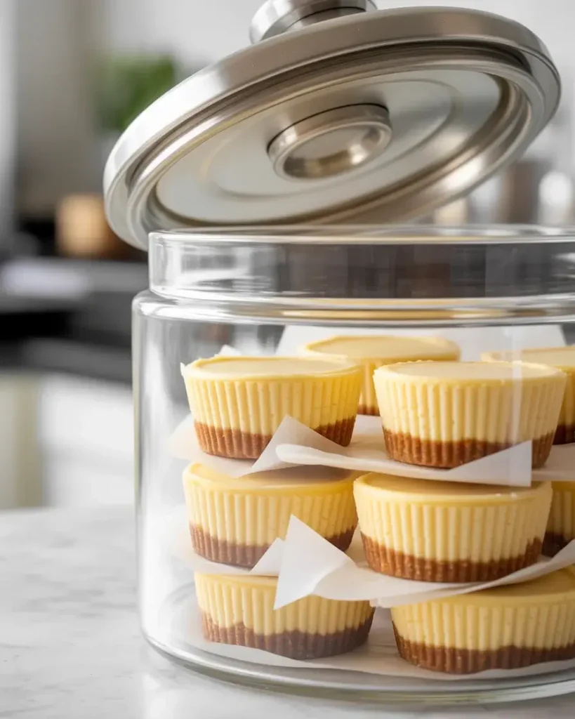 Proper storage with parchment paper separating mini cheesecakes
