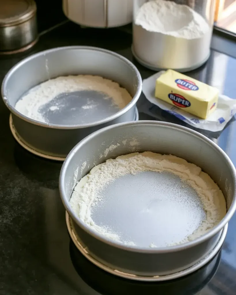 Properly greased and floured cake pans ready for batter