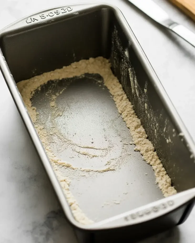 Properly greased and floured loaf pan ensures easy release after baking