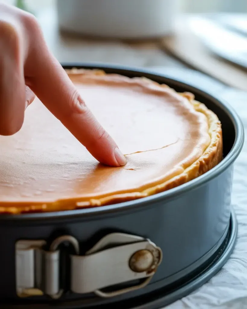 Properly set cheesecake feels firm to touch and doesn't jiggle in the center