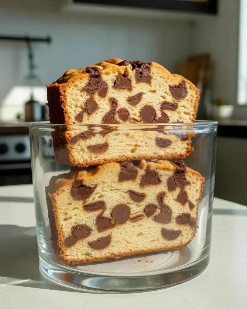 Properly stored espresso chip cake maintaining freshness in airtight container