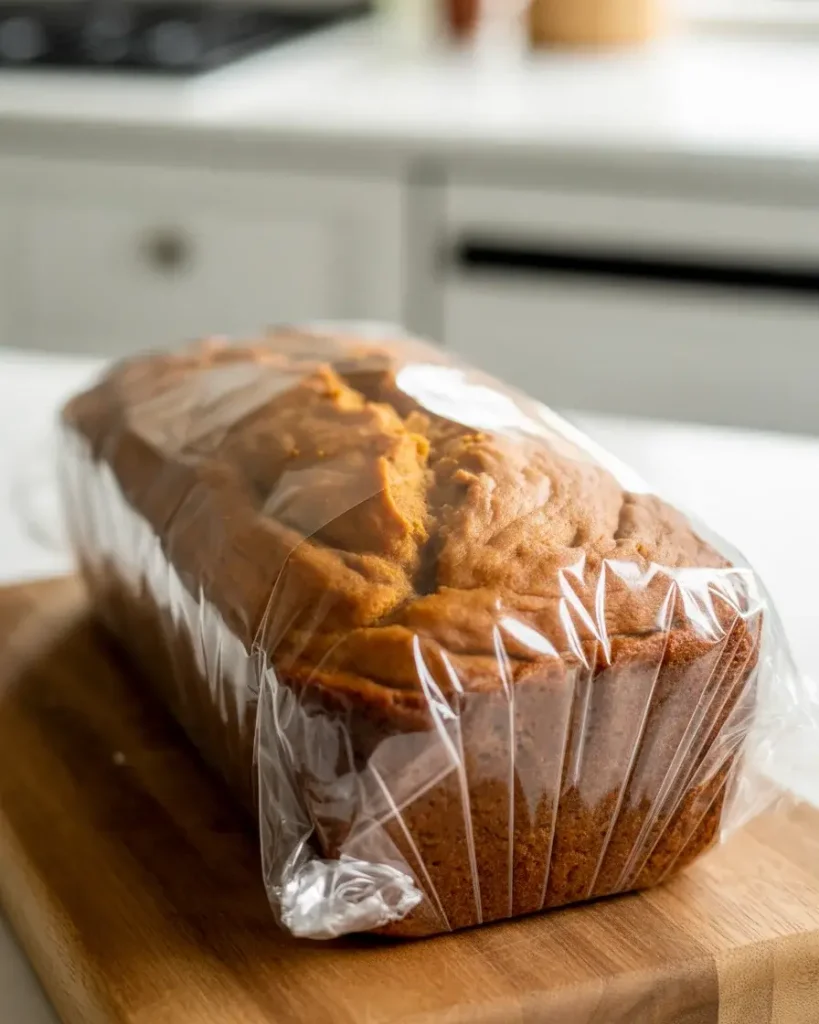 Pumpkin bread wrapped tightly to maintain moisture