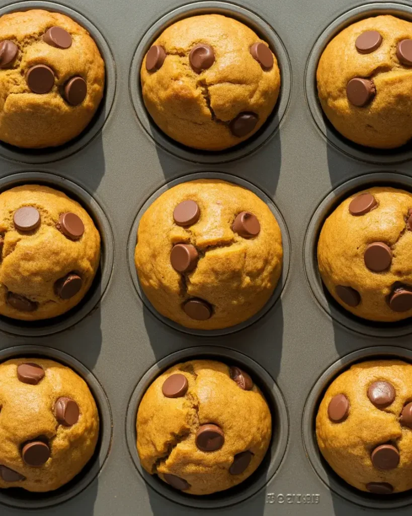 Pumpkin chocolate chip muffins baked until golden and perfectly risen