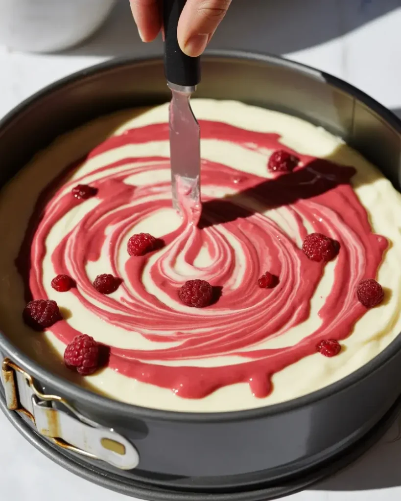 Raspberry puree swirled into cheesecake batter creating beautiful marble patterns