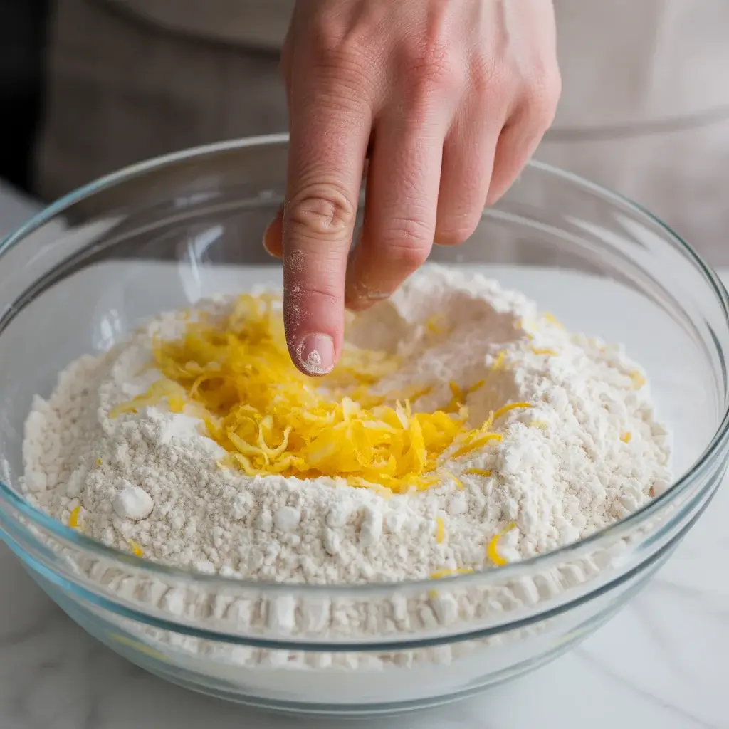 Rubbing lemon zest into flour releases essential oils for maximum flavor
