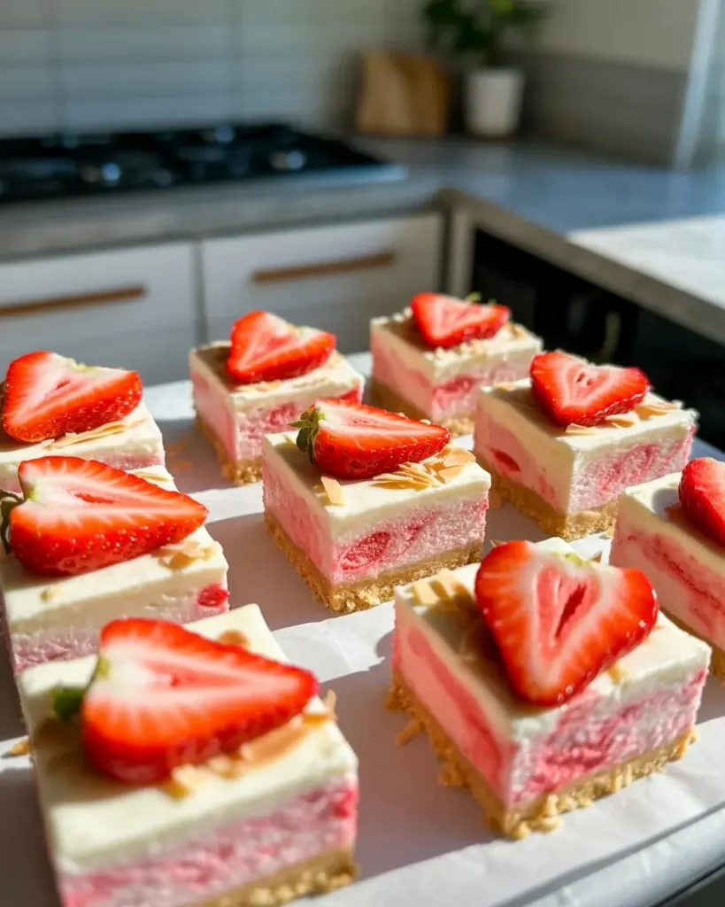 Serve chilled bites topped with fresh strawberries and toasted coconut