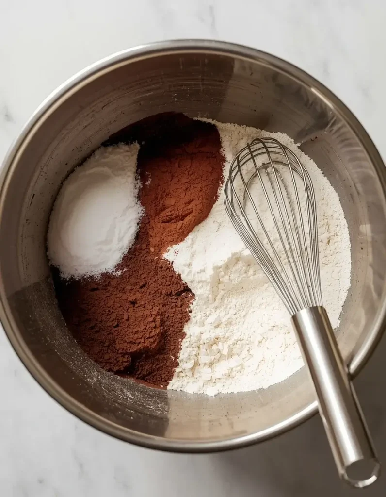 Sifted cocoa powder and flour mixture ready for peppermint mocha cookies
