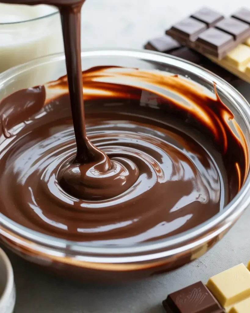 Silky chocolate ganache ready for drizzling over cream-filled cones