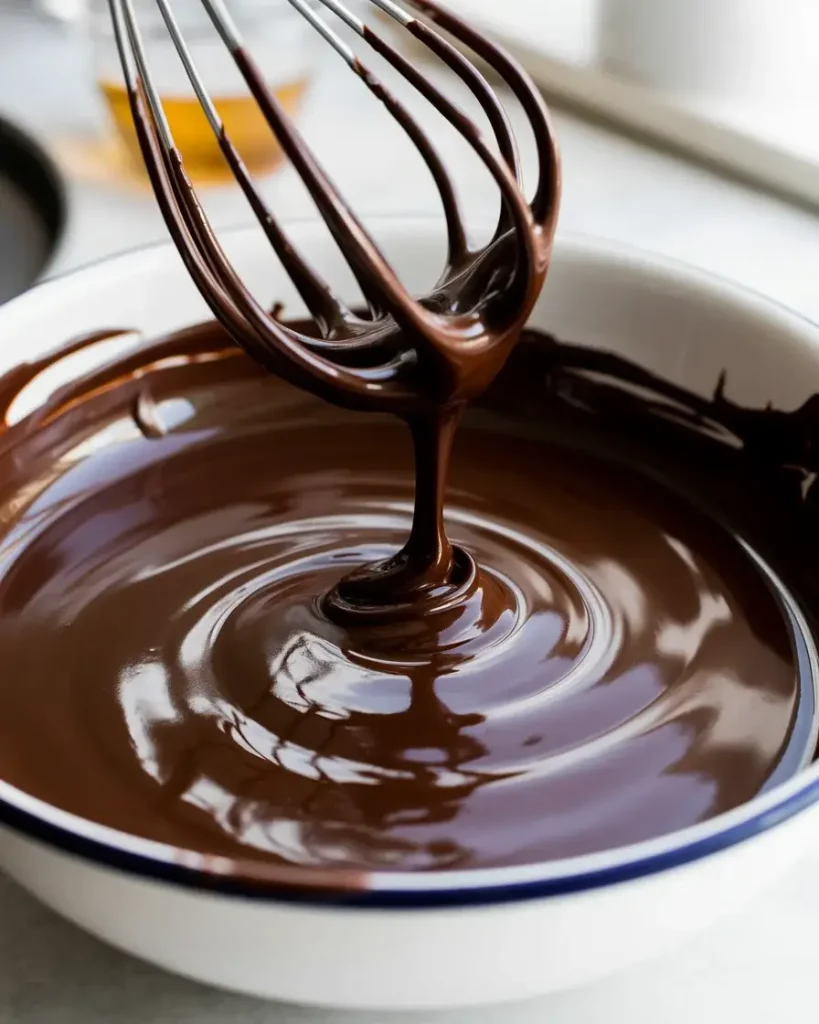 Silky chocolate ganache should be smooth, glossy, and pourable