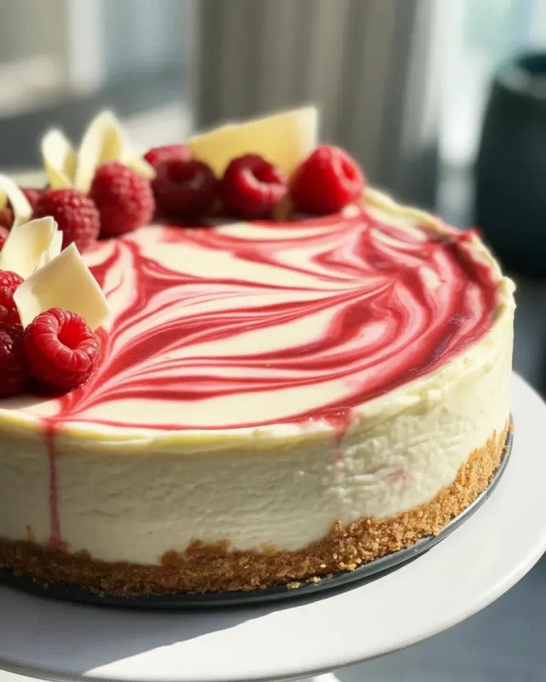 Silky white chocolate raspberry cheesecake with perfect swirls and crack-free top