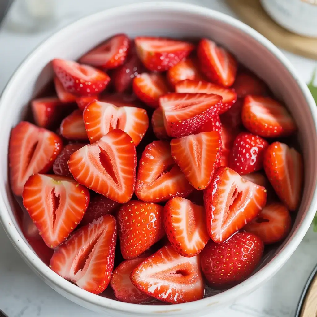 Sliced fresh strawberries tossed in a warm, glossy glaze before topping the dessert