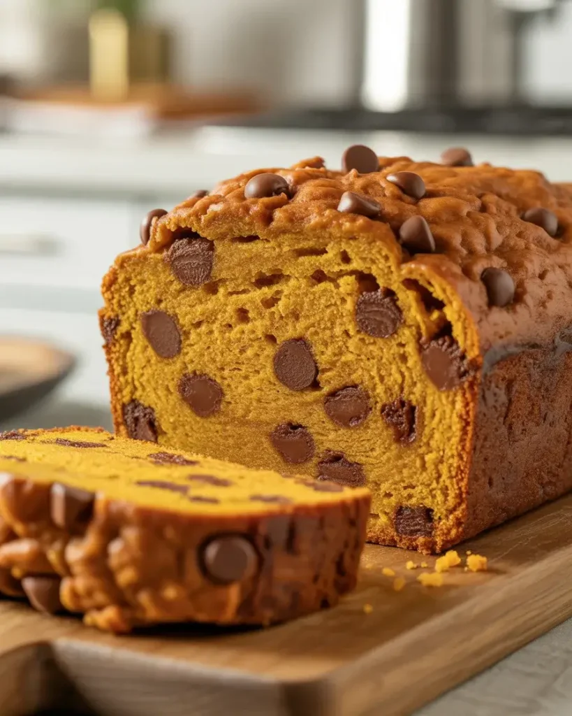 Sliced pumpkin bread revealing moist crumb and chocolate throughout