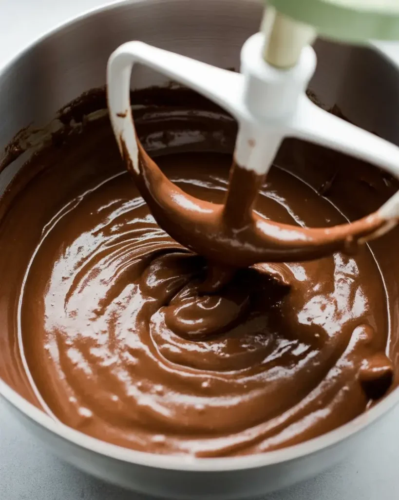 Smooth chocolate batter after eggs and vanilla are fully incorporated