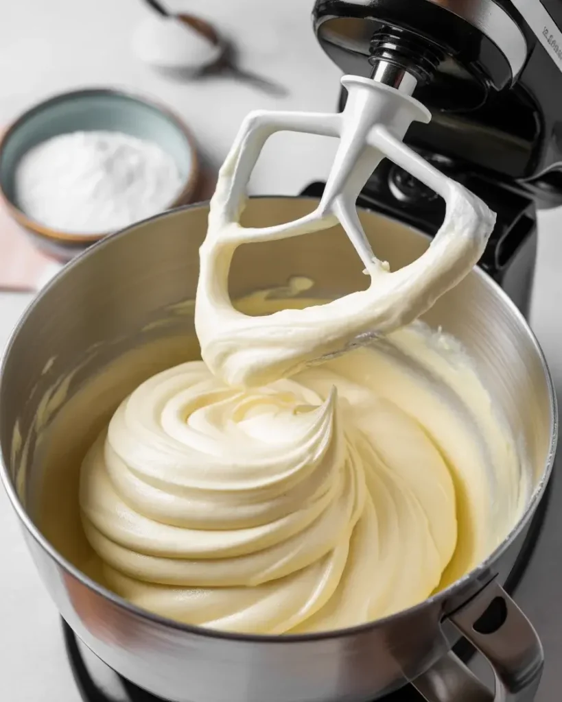 Smooth cream cheese frosting ready for assembly and spreading