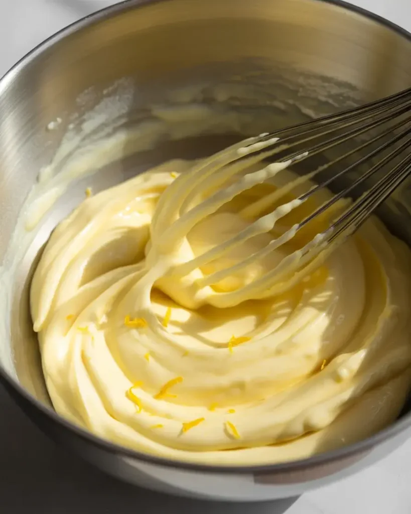 Smooth lemon cream filling with visible citrus zest ready to pour over baked crust