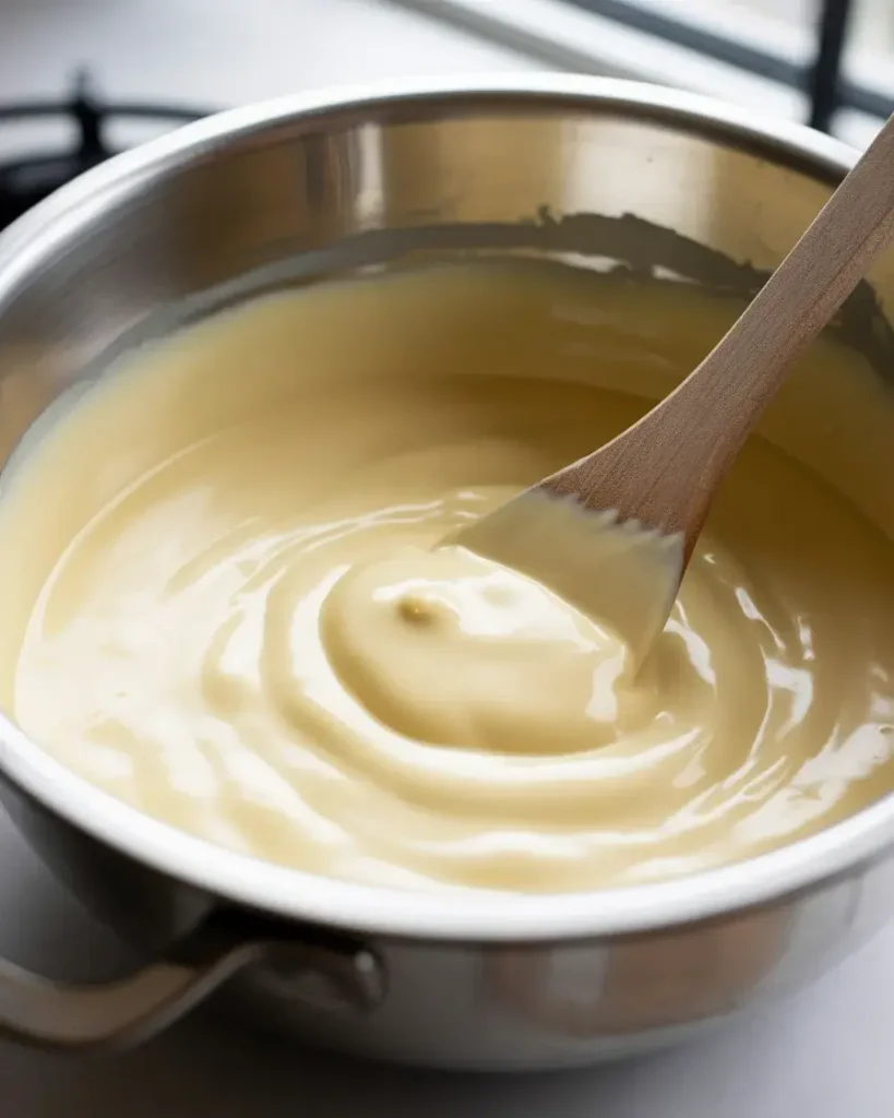 Smooth melted white chocolate cooled to the perfect temperature for mixing