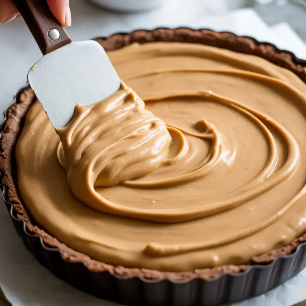 Smoothing peanut butter filling evenly in the chilled chocolate crust