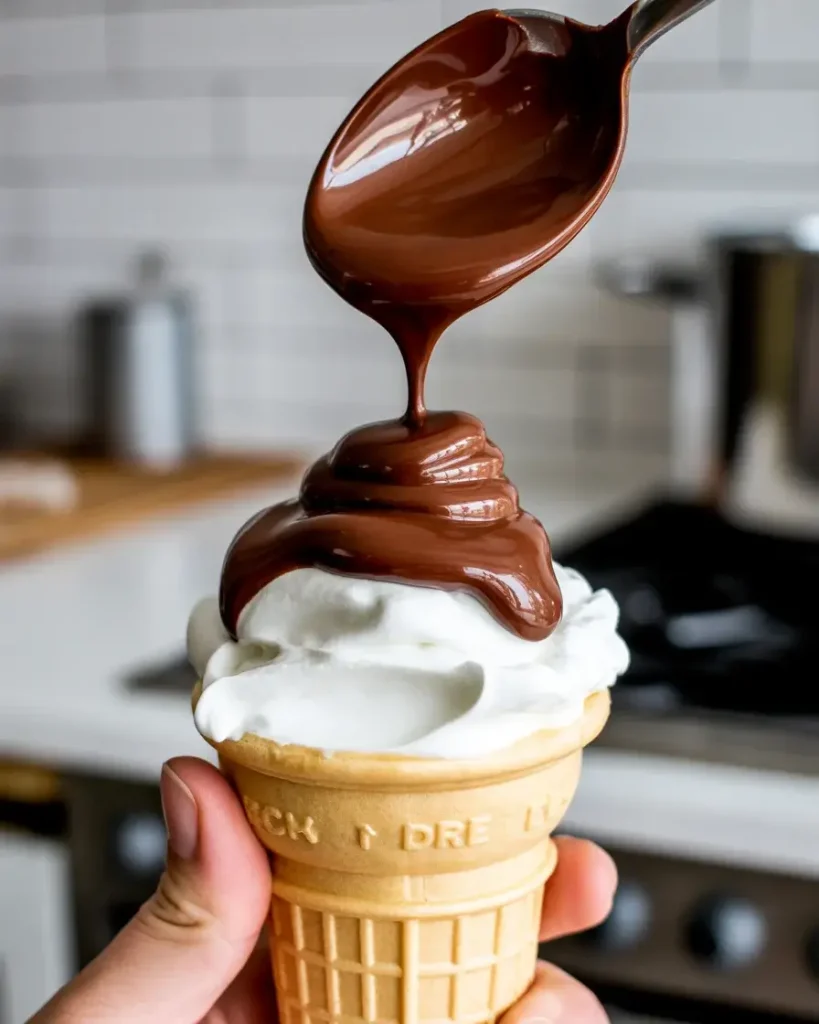 Spooning chocolate ganache over cream creates a delicious layer