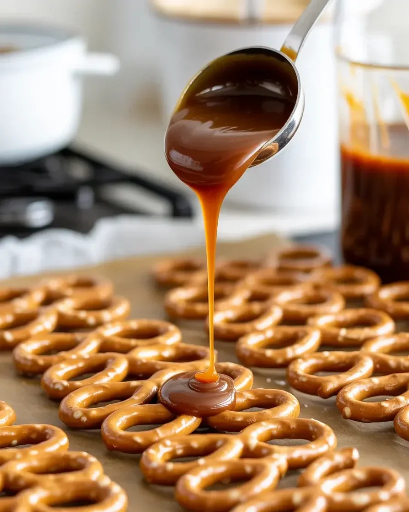 Spooning warm caramel into pretzel centers for perfect coverage