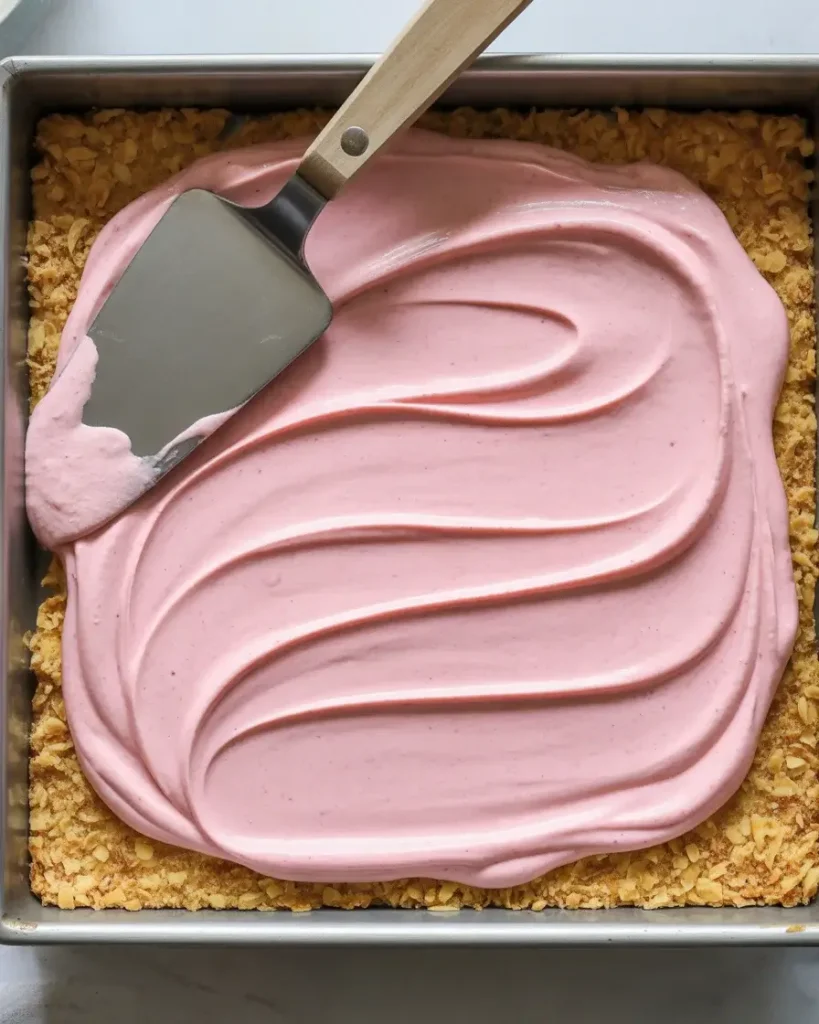 Spread cheesecake filling evenly over crust and chill until firm