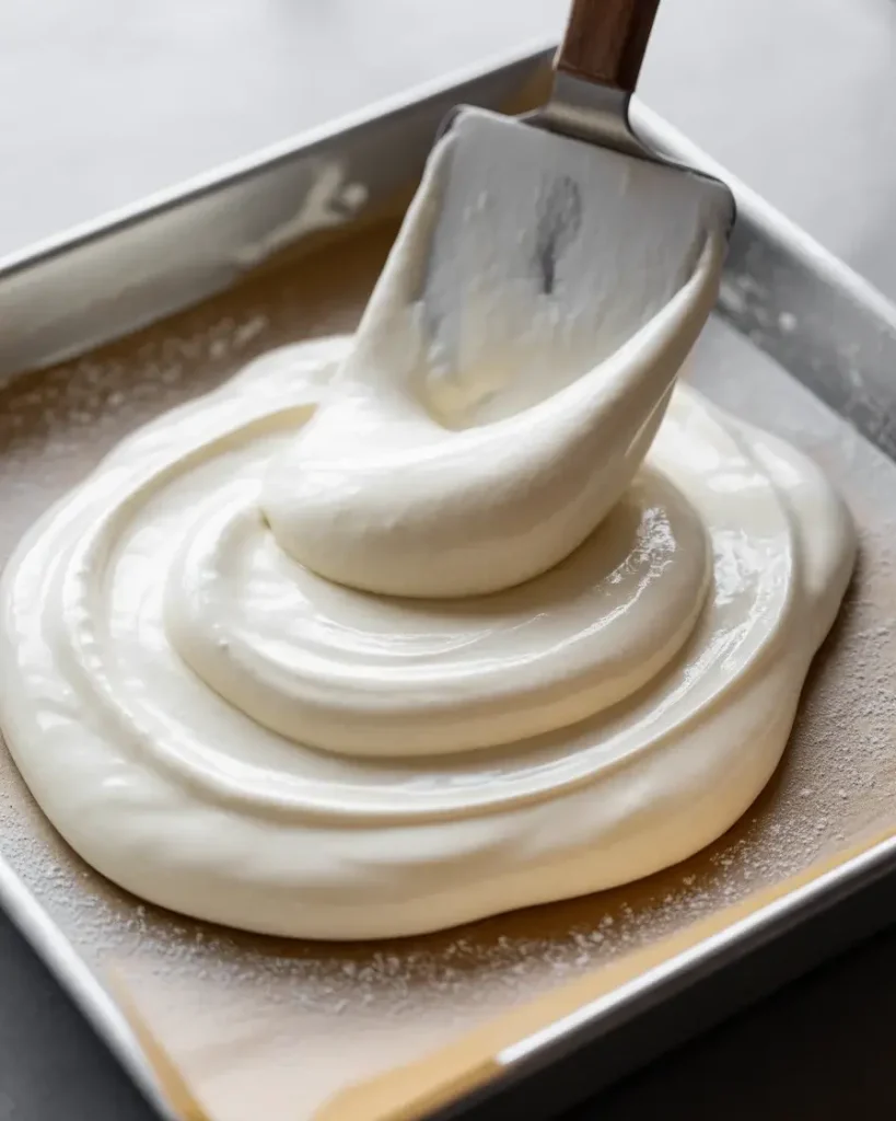 Spreading marshmallow mixture evenly while still warm creates uniform cloud-like texture
