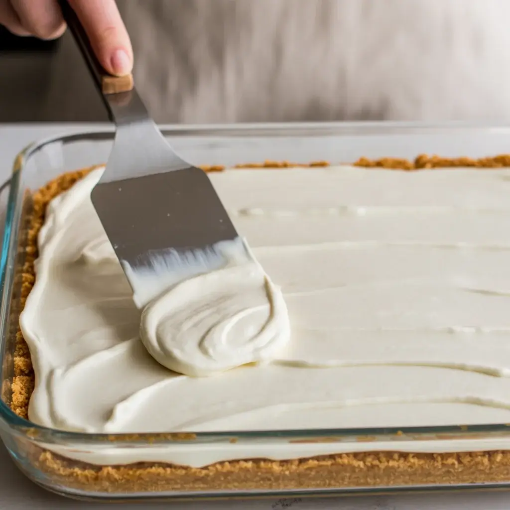 Spreading silky cream cheese layer evenly over the chilled graham cracker crust