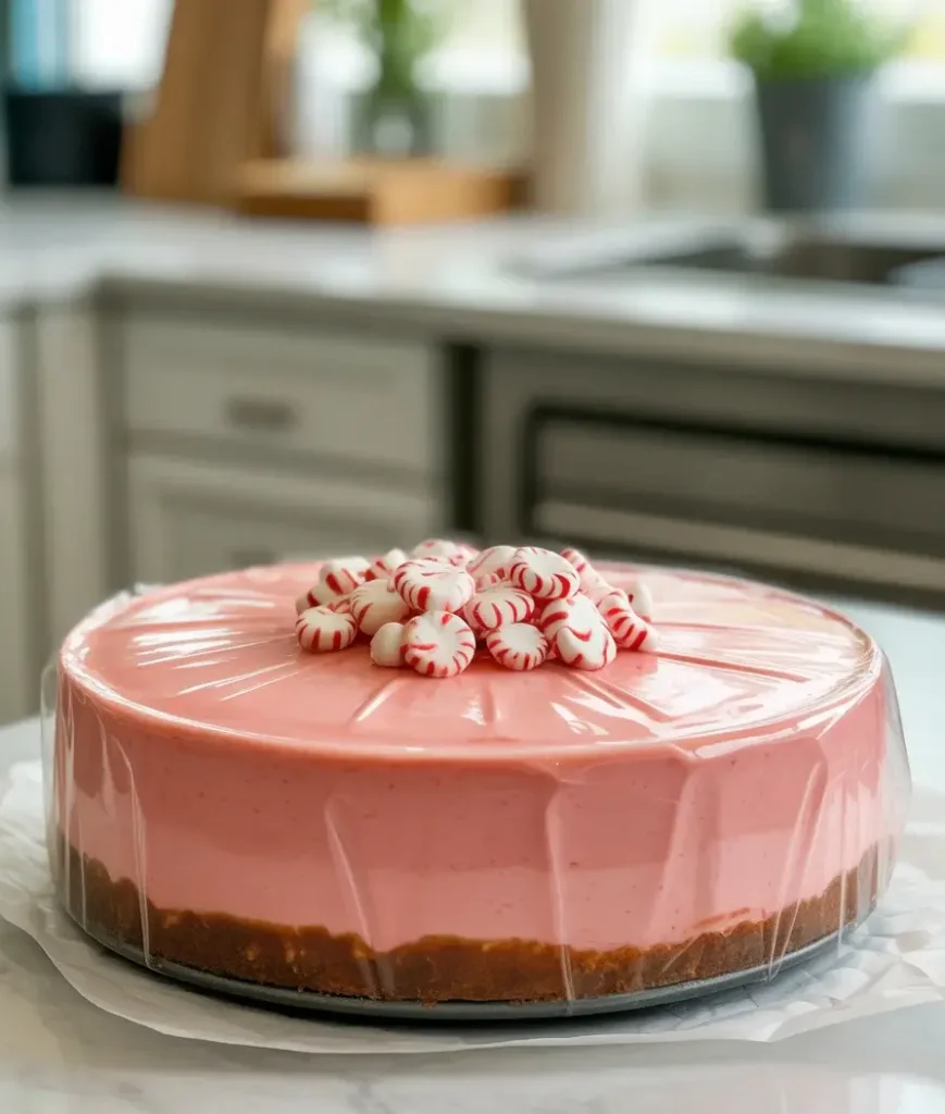 Store covered cheesecake for up to 5 days; add candy topping just before serving