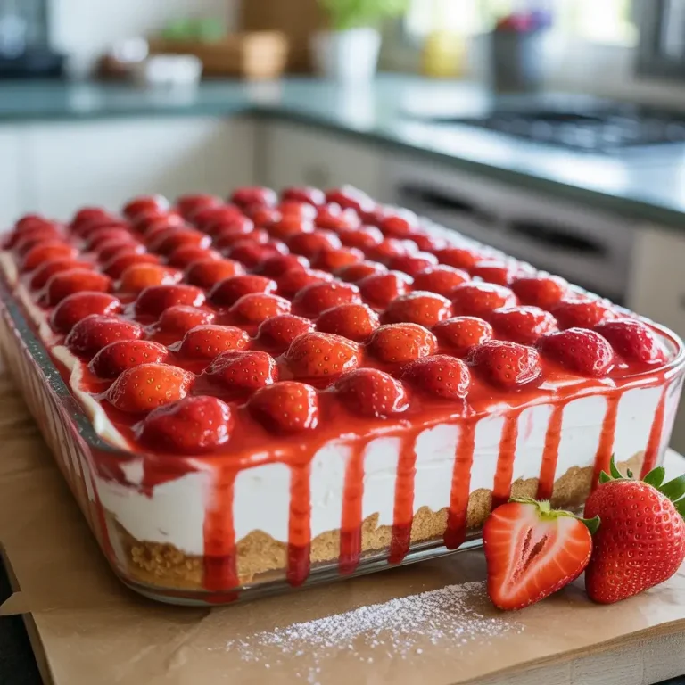 Strawberry Cream Cheese Delight with glossy berries, fluffy cream filling, and buttery graham crust
